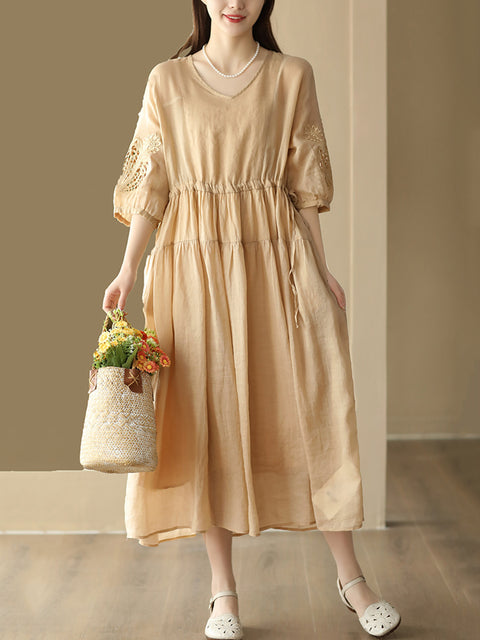 Women Vintage Embroidery Solid Stitching Ramie Dress