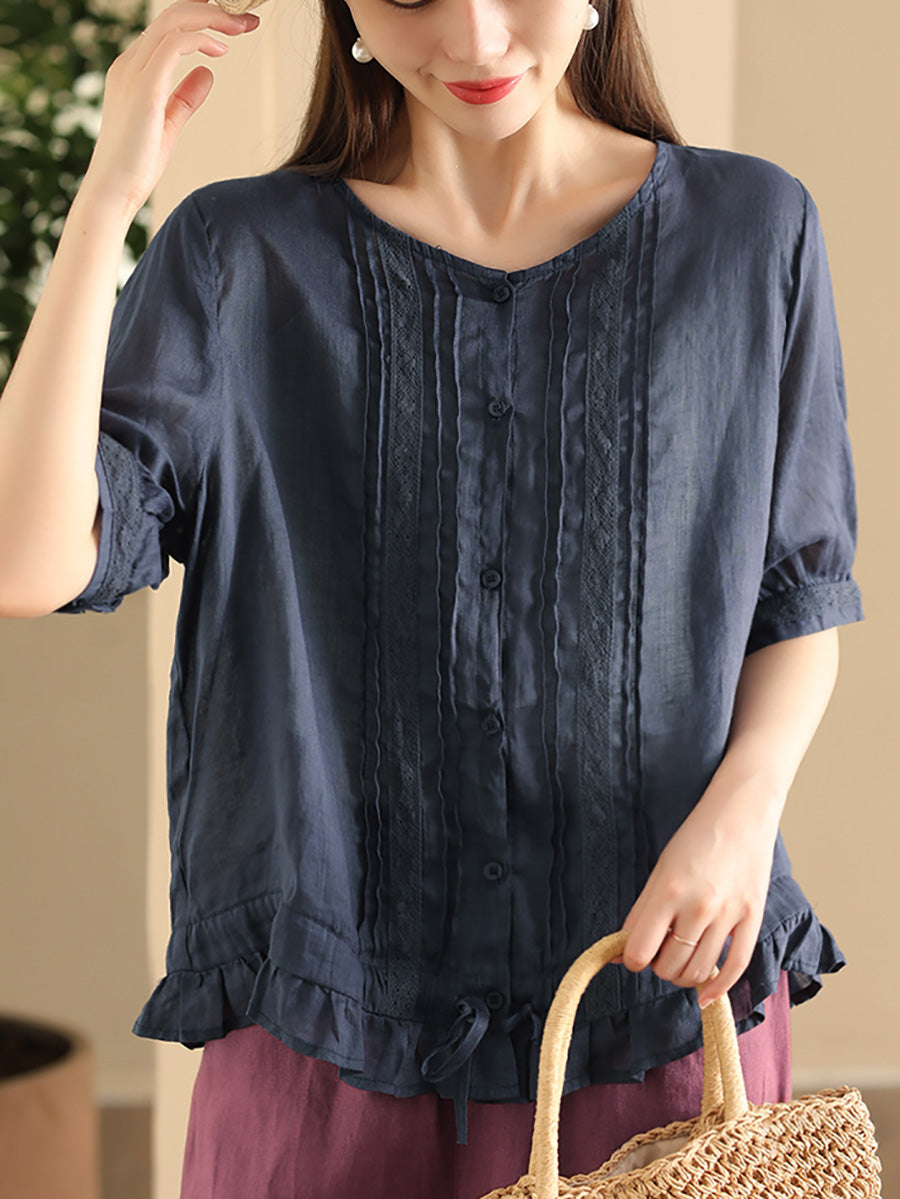 Women Summer Vintage Embroidery Button-up Strap Ramie Shirt