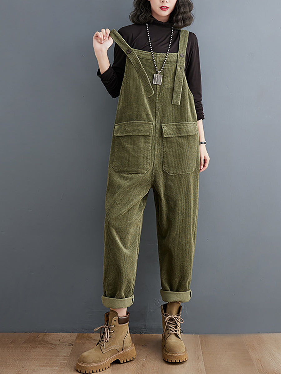 Women Vintage Solid Winter Croduroy Jumpsuits