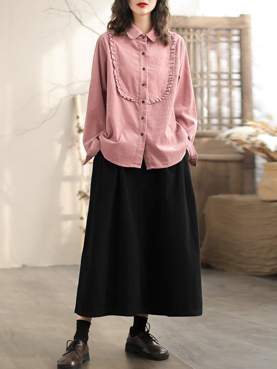 Women Spring Lacework Spliced Corduroy Solid Shirt