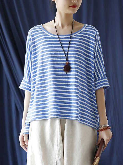 Women Summer Casual Stripe Loose O-Neck Shirt