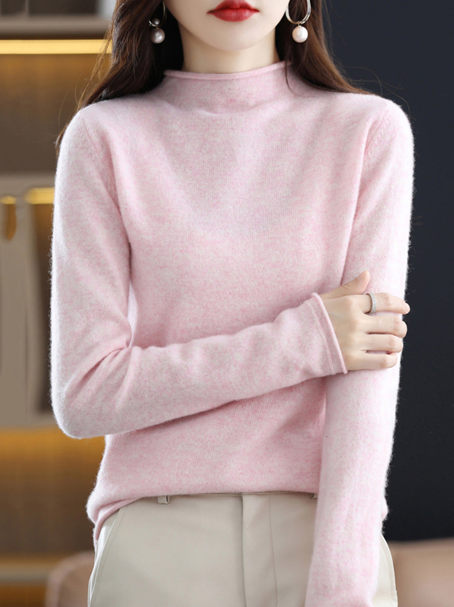 Women Autumn Solid Half High Collar 100%Wool Sweater