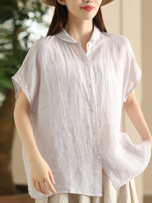 Women Summer Artsy Stripe Button-up Linen Shirt