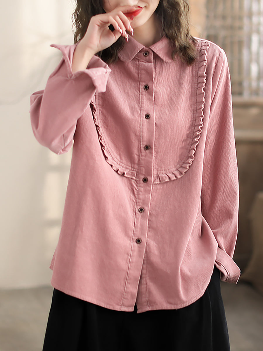 Women Spring Lacework Spliced Corduroy Solid Shirt