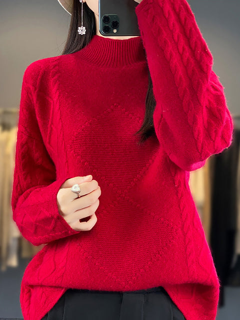 Women Autumn Half Turtleneck Twist Knit 100%Wool Sweater