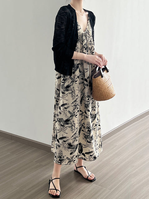 Women Summer Artsy Floral Ink-print Vest Dress