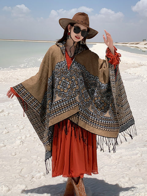 Ethnic Flower Print Tassel Travel Shawl Scarf