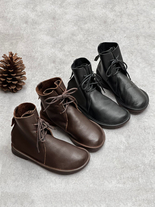 Women Winter Vintage Genuine Leather Drawstring Ankle Boots