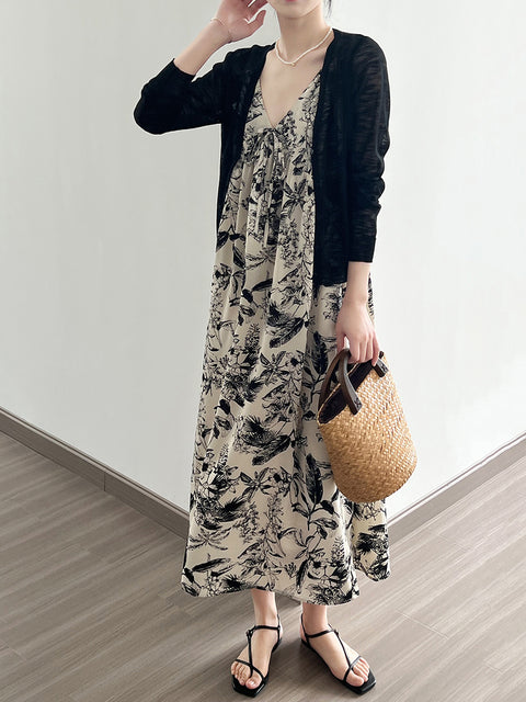 Women Summer Artsy Floral Ink-print Vest Dress