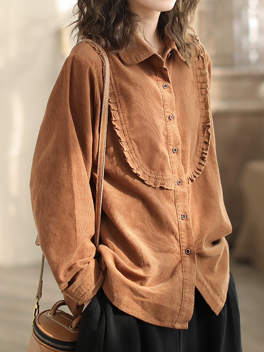 Women Spring Lacework Spliced Corduroy Solid Shirt