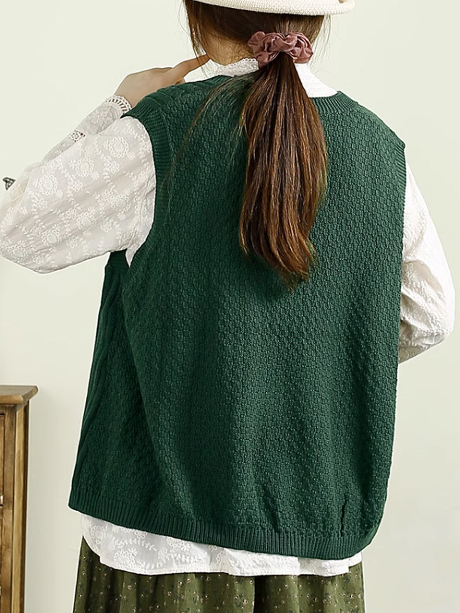 Women Autumn Solid Knitted V-Neck Cotton Vest