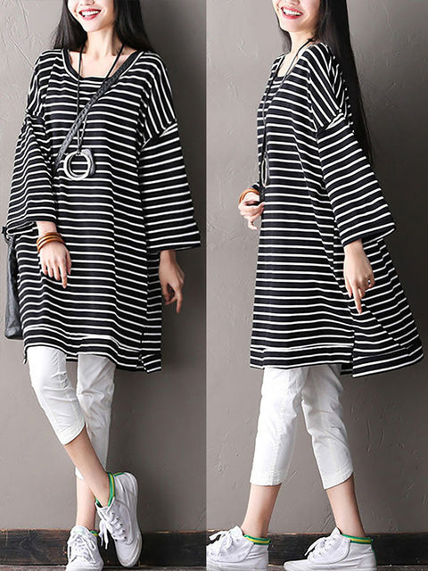 Plus Size Women Loose Striped Cotton Irregular T-shirt