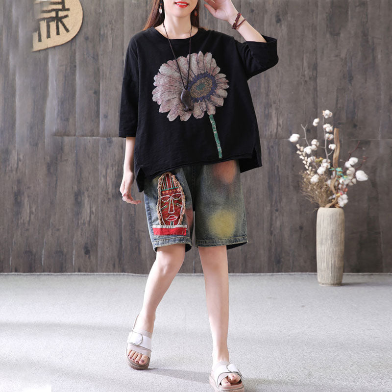 Plus Size Short Sleeve Sunflower Printed T-shirt