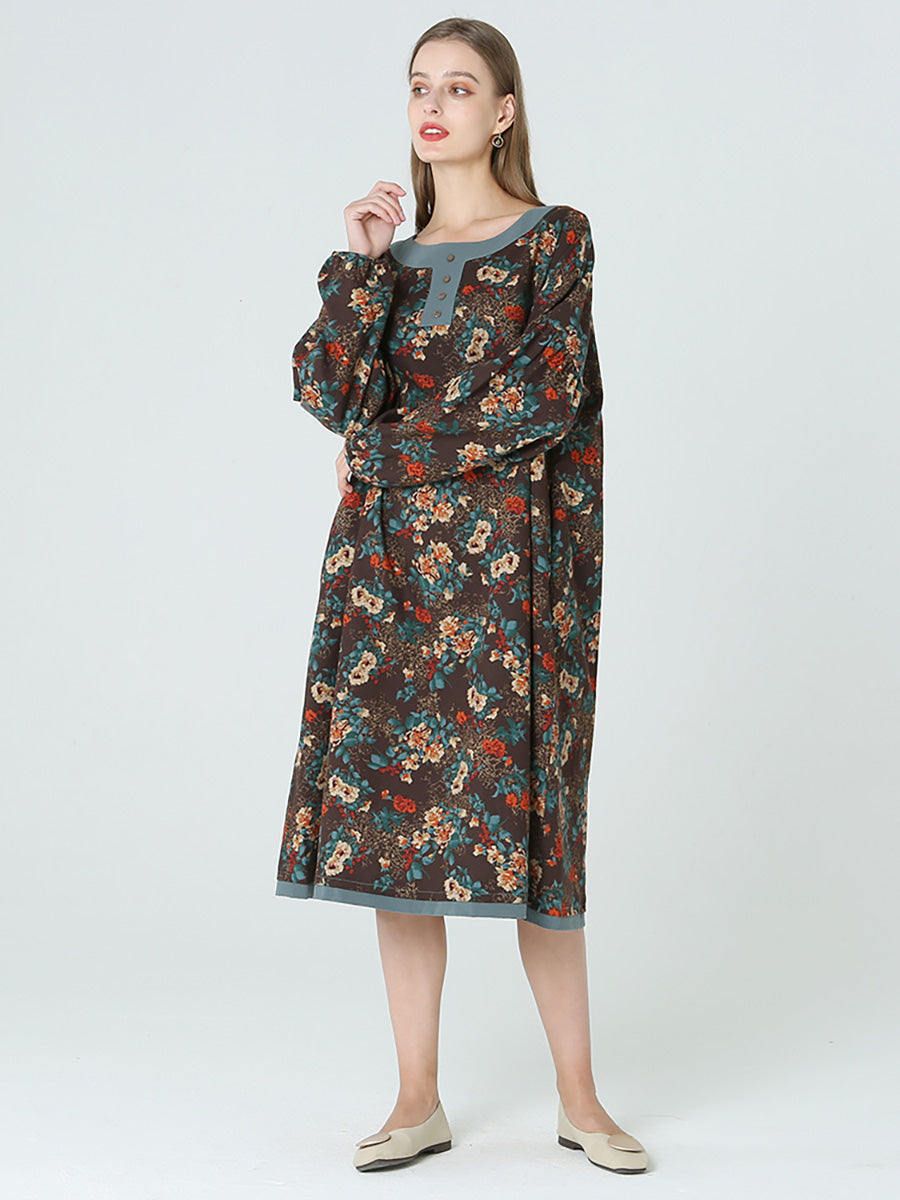 Plus Size Floral Long Sleeve Spring Autumn Loose Long Dress