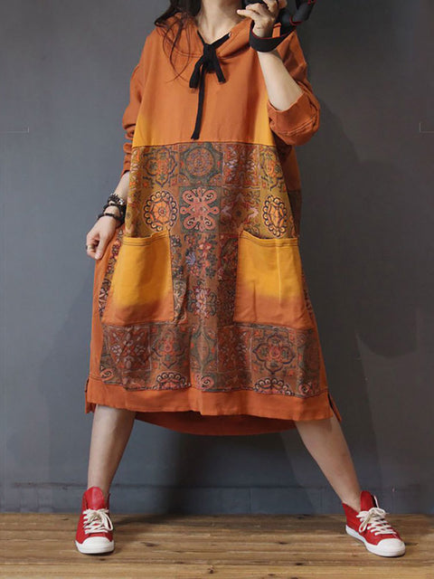 Women Vintage Flower Spliced Loose Hooded Dress