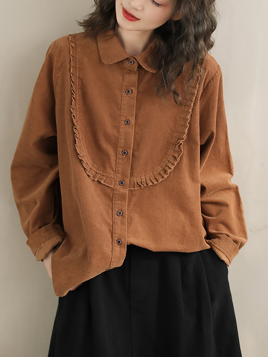 Women Spring Lacework Spliced Corduroy Solid Shirt