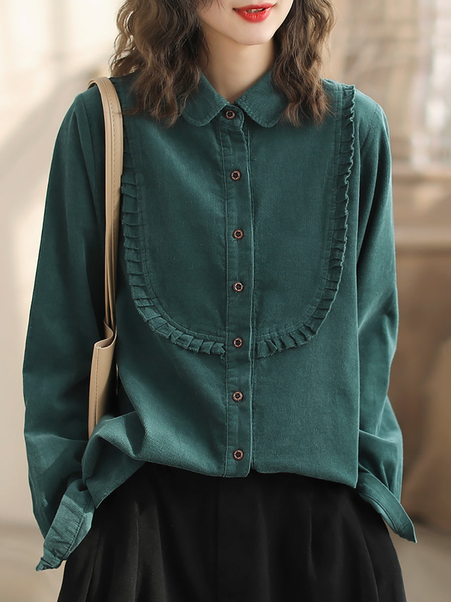 Women Spring Lacework Spliced Corduroy Solid Shirt