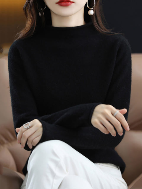 Women Autumn Solid Half High Collar 100%Wool Sweater