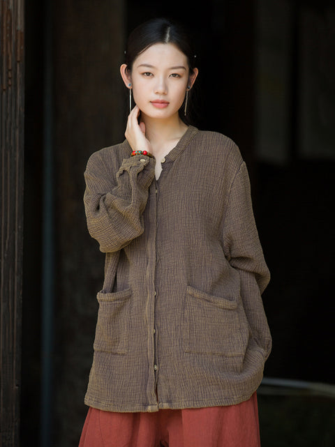 Women Vintage Autumn Solid Cotton O-Neck Shirt Coat