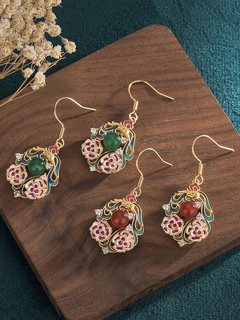 Women Chinese Style Enamel Flower Jade Sliver Earrings