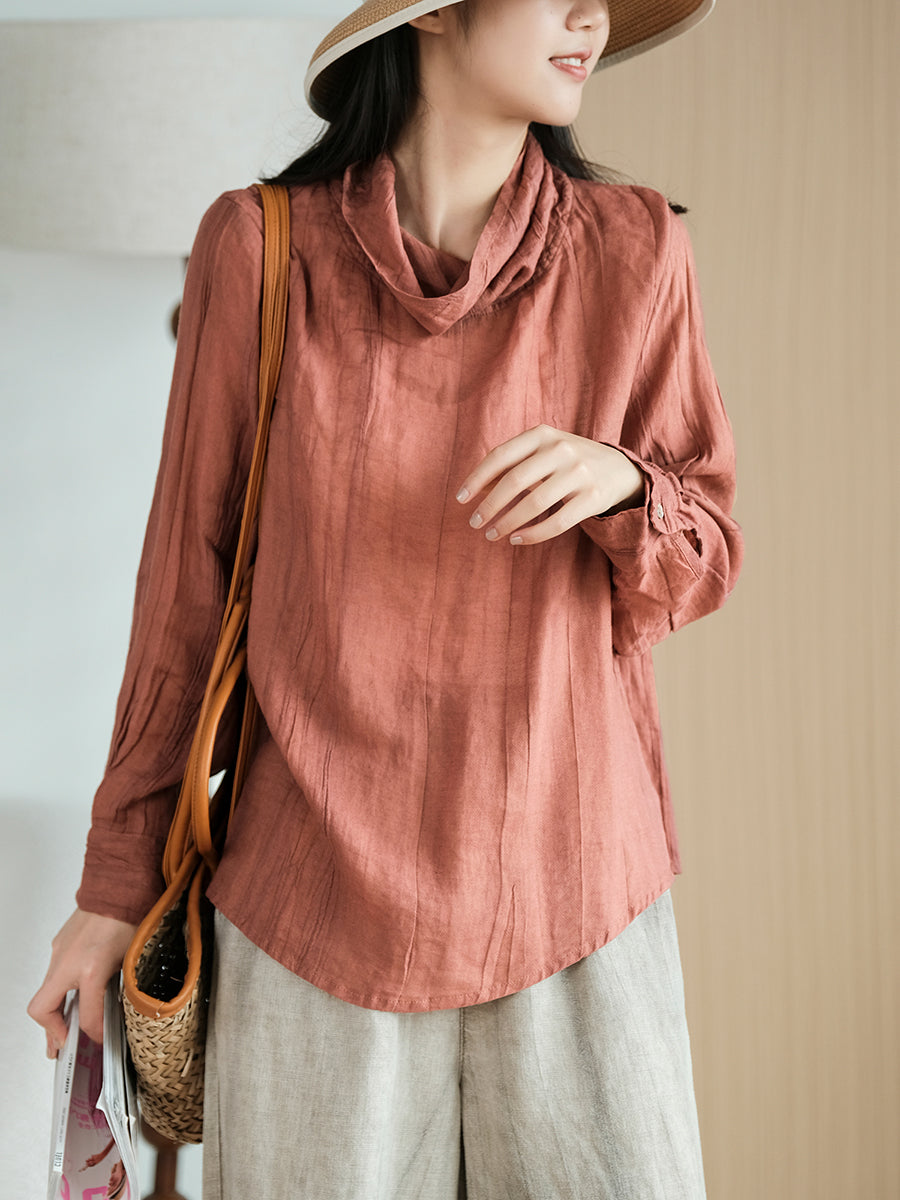 Women Vintage Autumn Turtleneck Ramie Blouse