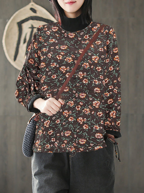 Plus Size Vintage Flower Half-high Collar Spliced Cotton Shirt