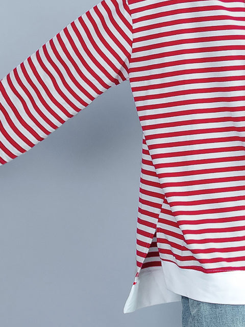 Plus Size Women Spring Casual Stripe Hooded Red Shirt