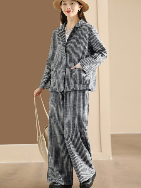 Plus Size Women Vintage Stripe Spring Linen Shirt+Pants