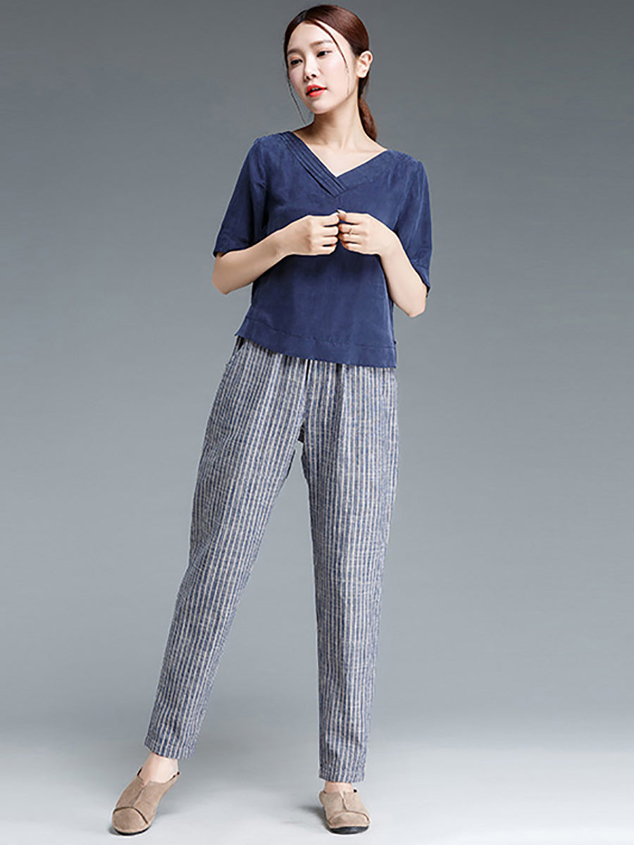 Plus Size Buykud Stripe Cotton Linen Women Pants