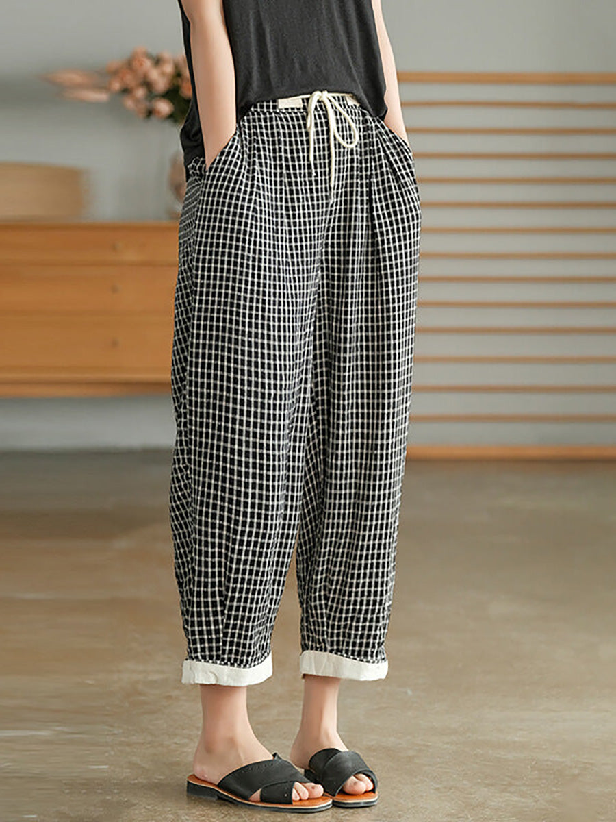 Plus Size Women Plaid Drawstring Pocket Casual Pants