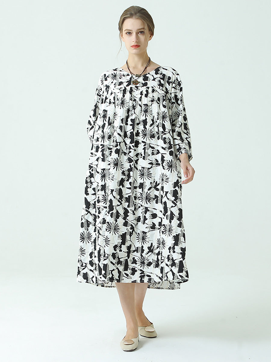 Plus Size Flower Prints O Neck Long Sleeve Pleated Plus Size Dress