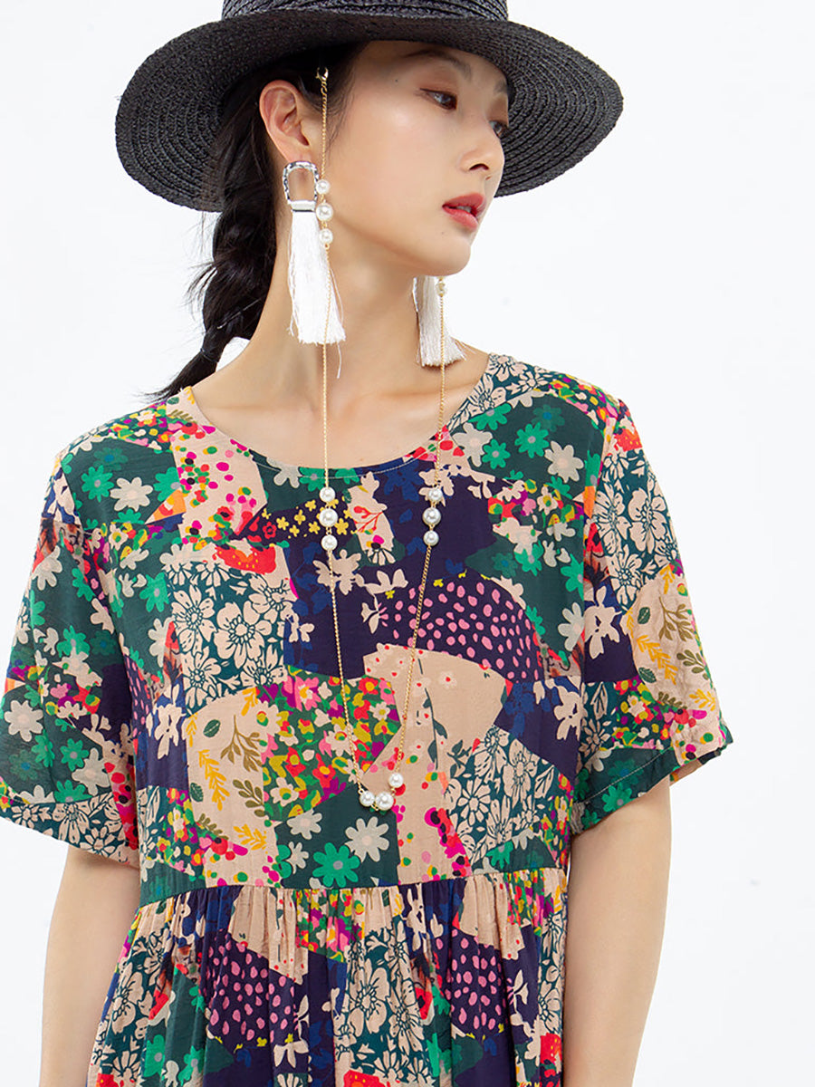 Plus Size Floral Prints Short Sleeve Summer Loose Dress