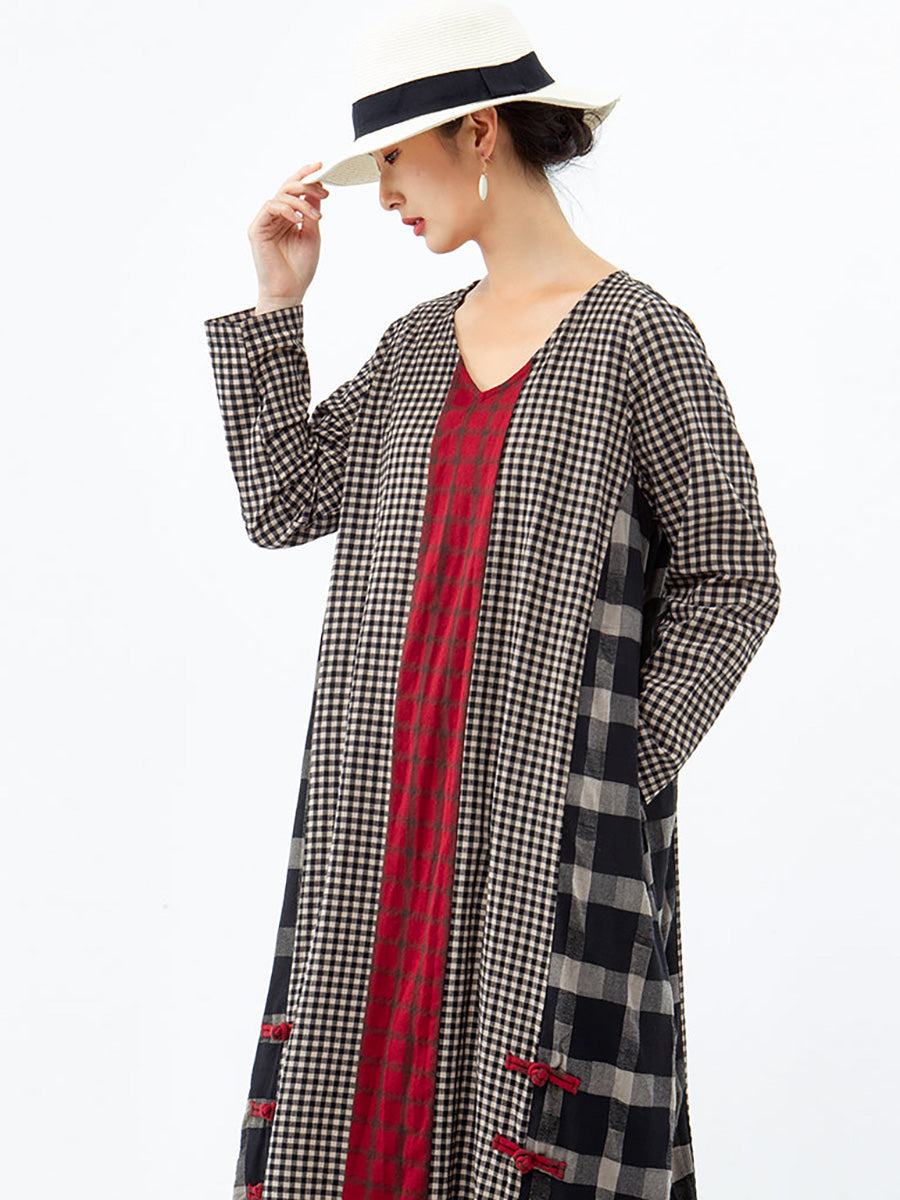 Plus Size Different Colored Plaid Retro Cotton Linen Dress