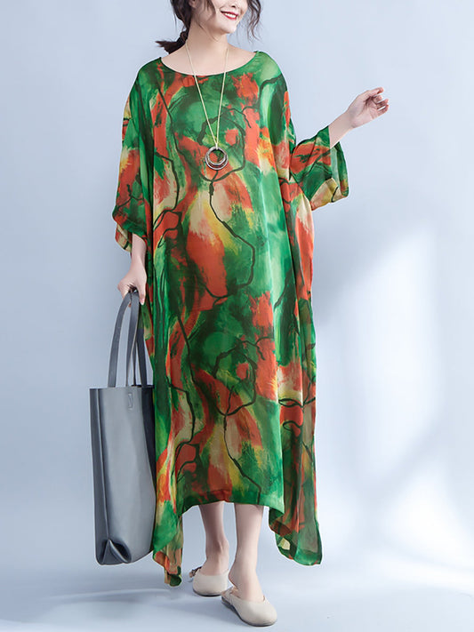 Plus Size - Women Summer Loose Three Quarter Sleeve Printed Dress