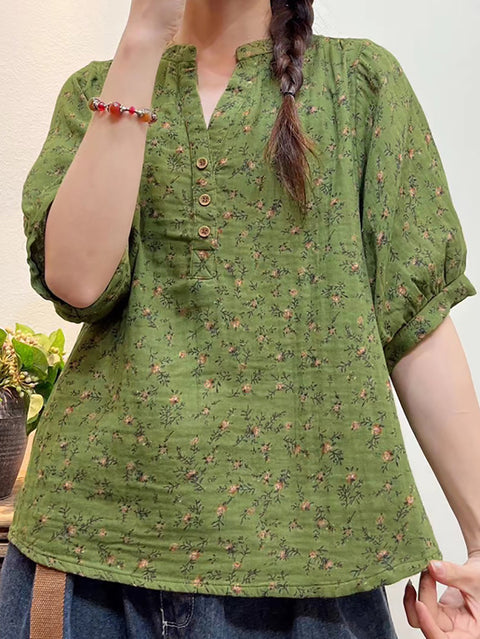 Plus Size Women Summer Artsy Floral Button Loose Shirt