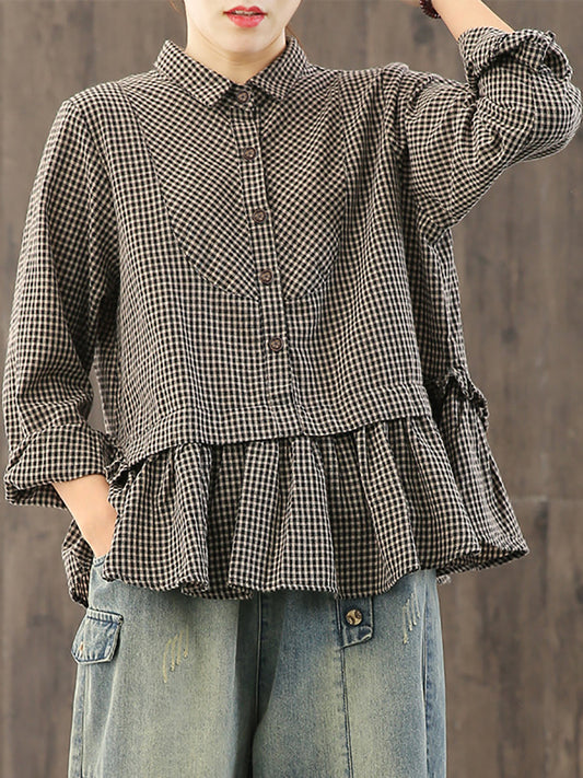 Plus Size Loose Plaid Ruffle Splicing Cotton Linen Shirt