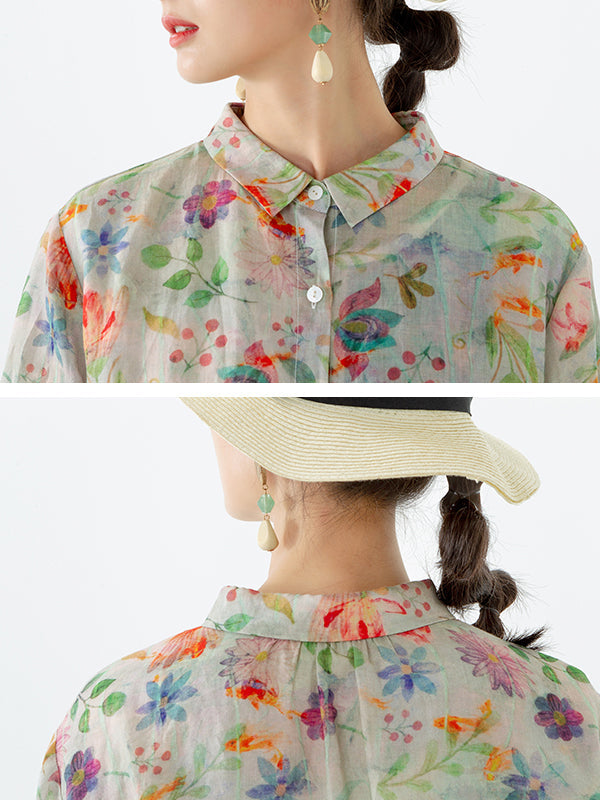 Plus Size Floral Leaf Breasted Split Mid-Length Shirt