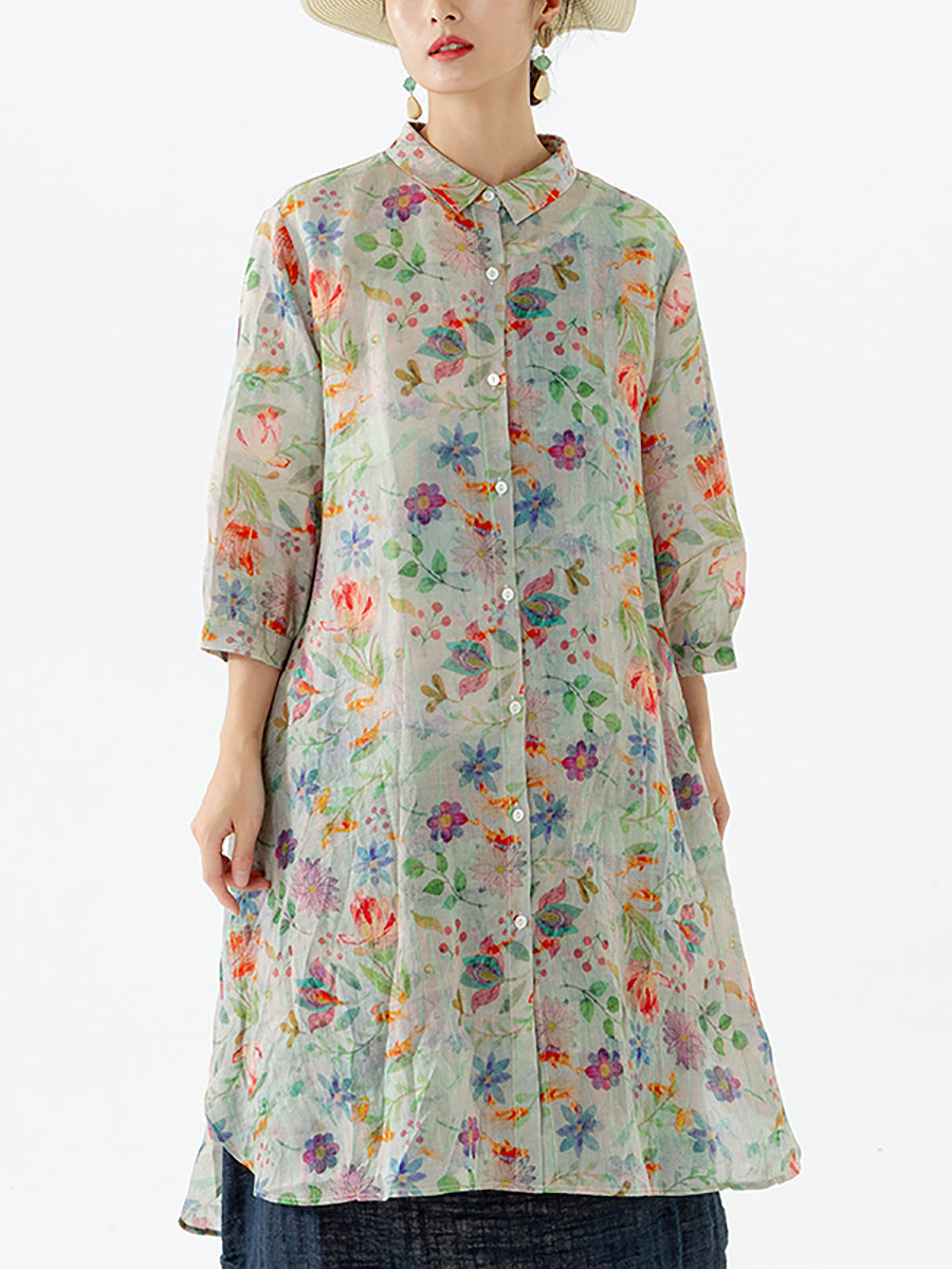 Plus Size Floral Leaf Breasted Split Mid-Length Shirt