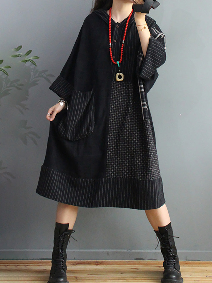 Plus Size Retro Plaid Big Pocket Hooded Dress