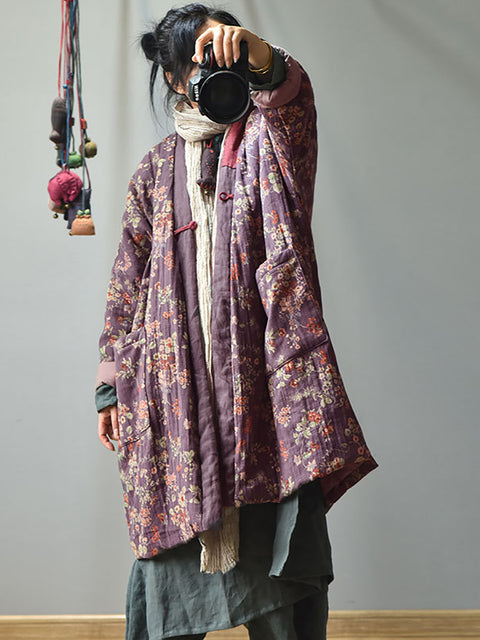 Plus Size - Retro Loose Warm Floral Pocket Coat