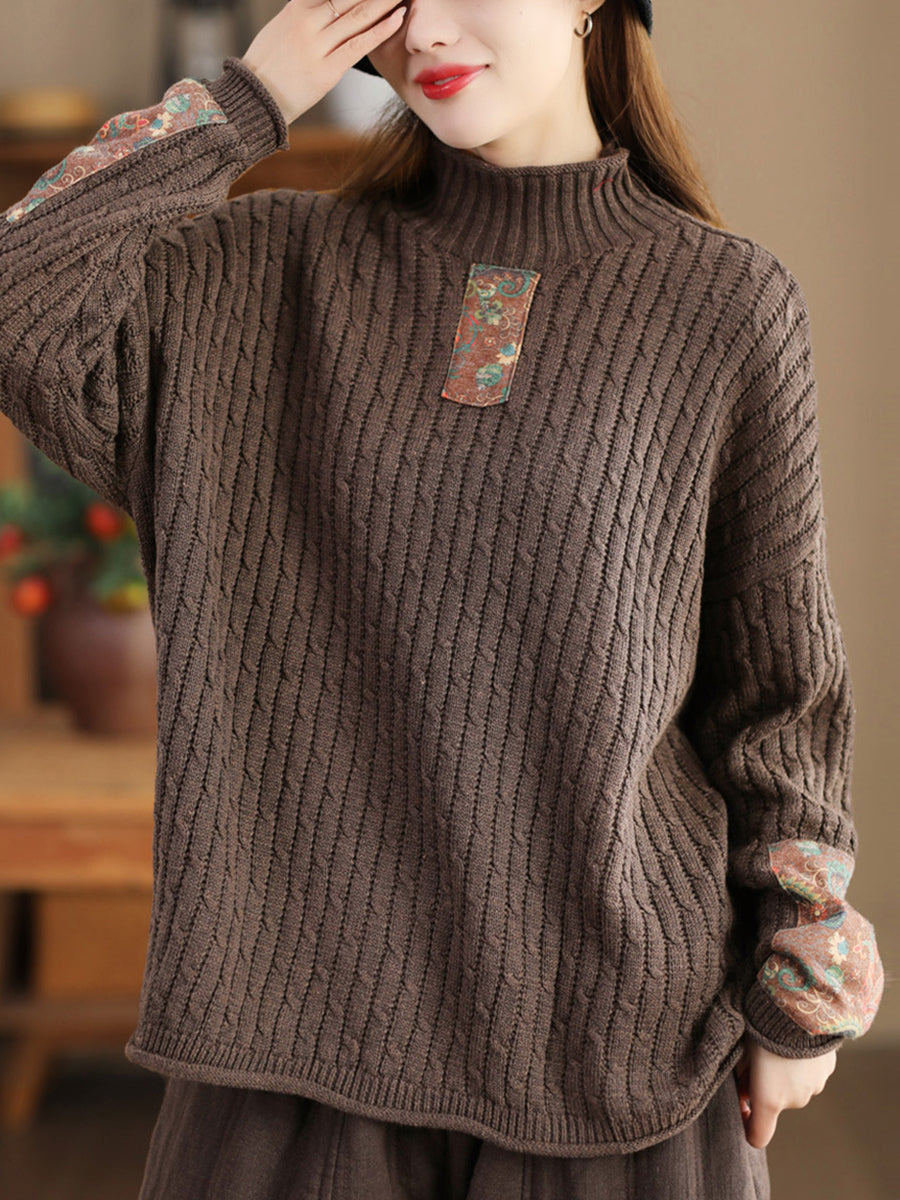 Women Retro Patch Spliced Knitted Turtleneck Sweater