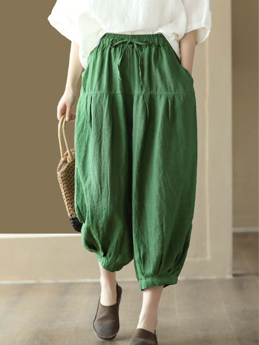 Plus Size Women Summer Solid Pocket Pleat Drawstring Harem Pants