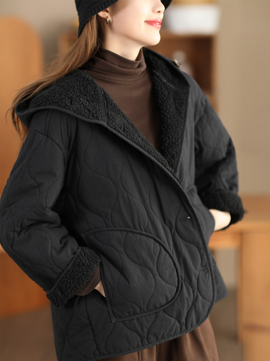 Women Winter Casual Fleece-lined Cotton Hooded Coat