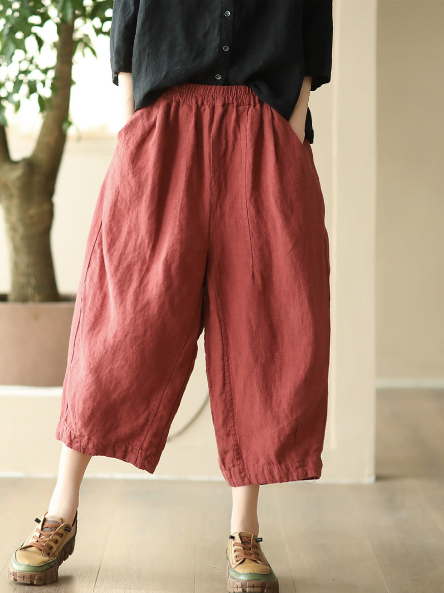 Women Summer Retro Solid Linen Loose Harem Pants