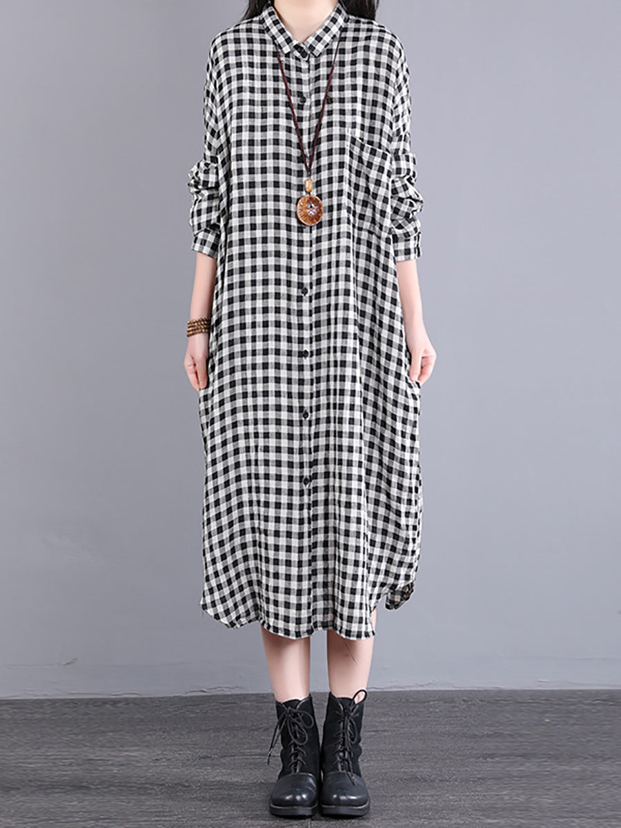 Plus Size Women Casual Plaid Pocket Loose Linen Cardigan Dress