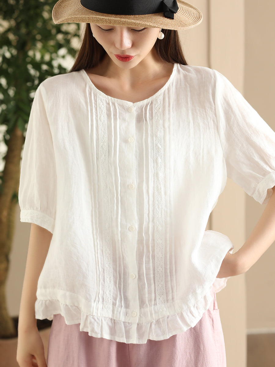 Women Summer Vintage Embroidery Button-up Strap Ramie Shirt