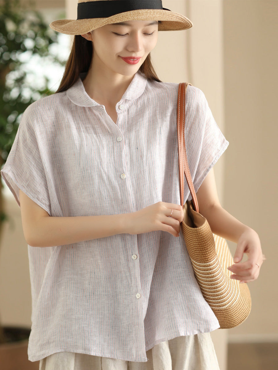 Women Summer Artsy Stripe Button-up Linen Shirt