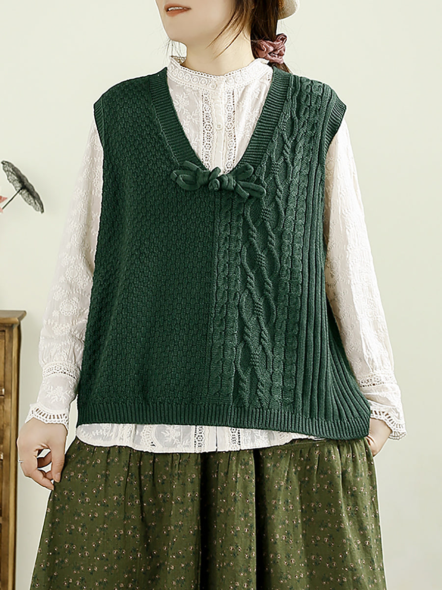 Women Autumn Solid Knitted V-Neck Cotton Vest