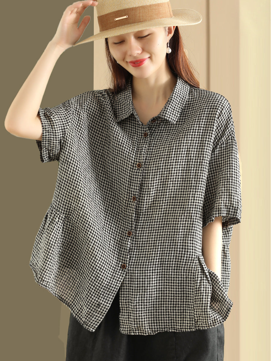 Plus Size Women Summer Casual Plaid Button Cardigan Linen Shirt