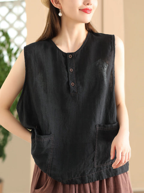 Women Summer Vintage Solid Pocket O-Neck Linen Vest